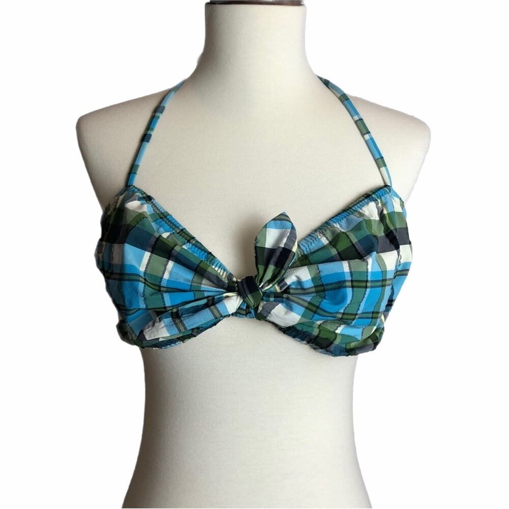 J Crew Blue Green Plaid Bandeau Bikini Top L